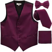 New Men's solid Tuxedo Vest Waistcoat & necktie & Bow tie & Hankie dark purple
