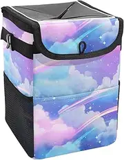 Car Trash Can with Lid and Storage Pockets Leak-Proof Organizer,Waterproof Garbage Can,Colorful Rainbow Clouds Galaxy