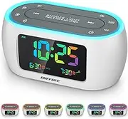 BUFFBEE Radio Alarm Clock with Colourful Rainbow Numbers - 7 Colour Night Light with On/Off Option, Double Alarm, Dimmer & USB Charger, FM Radio for Bedroom, Mains Powered and Battery Powered