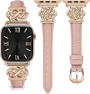 [Minyee] Celtic Knot Leather Band Compatible with Apple Watch Band 42/46/41/40/38/44/45/49mm Women, Dressy Slim Thin Premium Leather Adjustable Strap for iWatch Series 10 9 Ultra SE 8 7 6 5 4 3 2 1