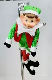 Santas Helper Elf Doll Shelf Sitter Christmas Holiday Decor Striped Hat w/ Bell
