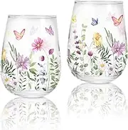 Whaline 2Pcs Spring Stemless Wine Glasses 17oz Watercolor Floral Butterfly Drinking Glasses Wild Flower Tumbler Cups for Party Supplies Gifts