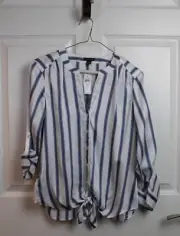 NWT Ann Taylor White Blue Vertical Stripe SatinY-Neck Blouse Button Front Tie XS