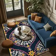 Long Hall Washable Rugs Front Door Runners Floor Carpet for Hallway Entryway Living Room Laundry Room Retro Pattern Carpet Dark Blue, 100 x 160 cm