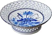 Aimusego Hand-Painted Ceramic Footed Fruit Bowl, Blue and White Floral Pattern, Decorative Pedestal Bowl for Table Décor, 10" Fruit Basket for Kitchen Counter, Large Fruit Bowl for Centerpiece