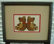 Framed Khaki Matted Twin Teddy Bears Counted Cross Stitch 13x15.5 Red Bow