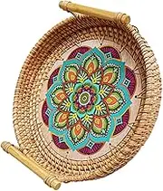 OFFSCH Large Rattan Breakfast Tray Mandala Handle Fruit Dish Snack Serving Plate Natural Texture Decorative