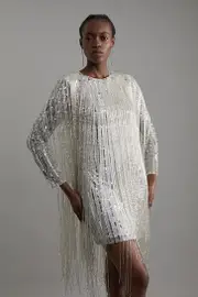 Petite Embellished And Beaded Tassel Woven Mini Dress