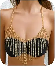 [Rotaiboes] Metal Tassel Bra Body Chain Punk Chest Bidy Chain Bikini Festival Underwear Chain Summer Top Harness Body Chain Necklace Jewelry for Women