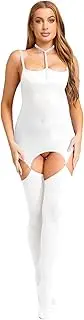[RUNQHUI] Women's Sheer Bodystockings with Garter Belt Crotchless Bodysuit Teddy Lingerie for Women