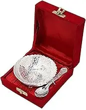 Rastogi Handicrafts Aluminium -Silver Plated Small Bowl Set with Spoon Size - 3.5 Inch Diameter Bowl, Capacity -100 ml /3.38 OZ -30 Grams Bowl Weight