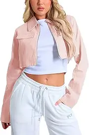[RomMoon] Women's Cropped Jacket Casual Zip Up Long Sleeve Lapel Crop Tops Jackets Coat