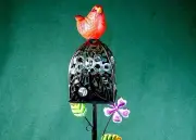 2 Solar Garden/Patio Lamps, Red & Yellow Birds Perched On Cages, Bright LEDs