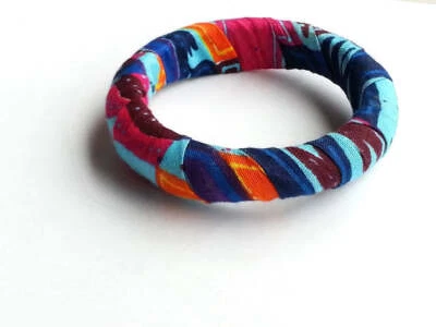 Blue, Fuchsia, Burgundy, Orange and Gold Print Bangle-DPJ244