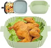1/2Pcs Air Fryer Silicone Pot with Handle Heat Resistant Air Fryer Reusable Air Fryer Liner Silicone Pot Square Liners Tray with 2 Brushes Vegetables Chicken Beef Baskets for Air Fryer Oven Microwave (1Pc Green Thick)