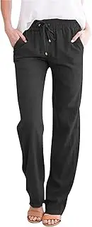 [Generic] Linen Pants for Women Summer Elastic High Waist Straight Leg Casual Pants Loose Comfy Beach Trousers Pockets 2025, F- Black, Small