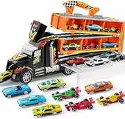 JOYIN Toy Truck for Kids,5-FT Race Track and 12 Die-Cast Metal Toy Cars, Racing Car with Lights & Sounds, Carrier Truck Toy for 2 3 4 5 Years Old Boys and Girls