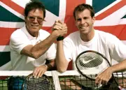 Music legend Cliff Richard poses with Greg Rusedski of Great Brita- Old Photo