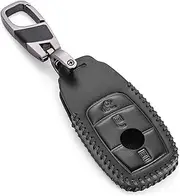 ontto Leather Car Key Fob Cover fit for Mercedes Benz A C E-Class E300 E400 E63 S-Class CLA GLA GLE GLC GLK AMG Keyring Accessories Remote Key Case Shell Holder Keychain Protector 3 Buttons Black