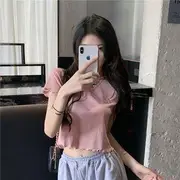 Short-Sleeve Round Neck Embroidered Tee Pink - L