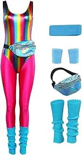 [Cyborey] Set of 6 80s Fitness Costume Women's Colourful Jumpsuit Yoga Trousers Retro Tracksuit Costume, pink, Large