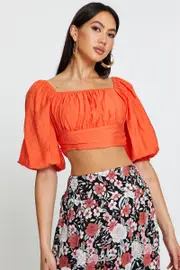 Red Crop Top Short Sleeve Tie Up - Size 14, Women's Semi Crop