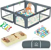 Baby Playpen with Mat 180×150cm, Baby Play Pen Extra-Large Playpens Play Mat with 50 Balls Pit, 4X Handlers, Baby Playmat, Basket Net for Toddler Babies with Breathable Mesh