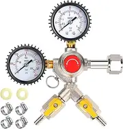 Y Type CO2 Regulator Beer Keg Regulator, CGA320 Beer Gas Gauge Kegerator Parts with 2 Barbs and Safety Valve, Adjustable Draft Beer Regulator CO2 Regulator for Kegerator with Hose Clamps