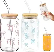 Dhqkqg Pink Bow Glass Cup Set, 2 Pcs Bow Cups with Lid and Straw, 16 Oz Iced Coffee Cup, Reusable Glass Drinking Cups for Smoothies Beer Cola Juice Soda for Women Girls Friends (Pink & Blue)
