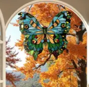 Lovely Emerald Butterfly Stained Glass Suncatcher Hanging Window Panel 21x20in