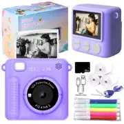 Kids Camera Instant Print Camera 1080P Digital Camera +3Rolls Print Paper Purple
