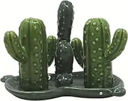 Ceramic Cactus Salt and Pepper Shaker Set with Tray Holder, Refillable Seasoning Accessory, 3 Inches