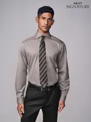 Neutral Brown Slim Fit Signature Single Cuff Texture Pima Cotton Shirt With Cutaway Collar (N23269) | $95