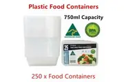 250 x Plastic Food Container 750ML Take Away Clear Lunchbox Kitchen Preparation