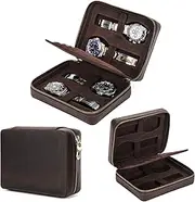 CataPurus Top Grain Genuine Leather 4-Watches Organizer Box for Man & Woman, Minimalist Design, Handmade, Large Capacity with Button Fastening Straps & Card Slots for Traveling, Dark Coffee, 4 Slots