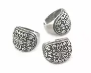 Ring Signet Adjustable Ring Antique Silver brass 7.5US Flowers Textured Oval
