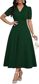 [MarryUP] Womens Midi Dresses V Neck Cocktail Church Tea Dresses Short Sleeve A-Line Swing Dresses