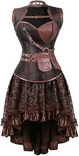 [FAWENLI] Fashion Corset Dress For Women Women Steampunk Corset Vest With Floral Lace Skirt Sets Gothic Vintage Faux Lea