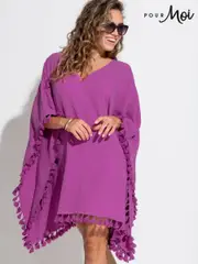 Pour Moi Purple Double Cloth Fringe Trim 100% Cotton Kaftan (F28126) | $83