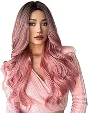 Oimzzr Synthetic Wig Pink Curly Wavy Wig Long Hairpiece