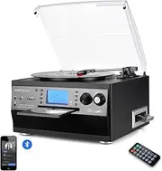 DIGITNOW! Bluetooth Vinyl Record Player Turntable, CD, Cassette, AM/FM Radio and Aux in with USB Port & SD Encoding- Remote Control, Built-in Stereo Speaker, Stand Alone Music Player, Remote Control