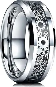 [QUGOO] Silver Rings 8MM Fashion Men Tungsten Alloy Wedding Ring Geometric Pattern Inlaid Black Stainless Steel Men Wedding Jewelry Silver Rings for Women (Color : Style 37, Size : 9)