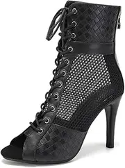 [Uonpie] Dance Boots Women's Zip Peep Toe Ballroom Salsa Dance Ankle Boots Heels Dance Shoes