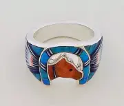 UNIQUE MULTICOLOR TURQUOISE OPAL SPINY LAPIZ HORSE SHOE RING .925 SILVER SIZE 9