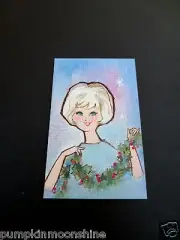 Vintage Unused Xmas Greeting Card Mid Century Modern Lady with Holly Garland