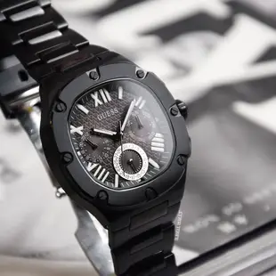 GUESS原廠平輸手錶 |黑色系 三眼日期顯示 圓角方型腕錶 不鏽鋼錶帶 男錶 手錶(GW0572G3)
