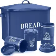 Navy Blue Bread Box With Canister Sets For Kitchen Countertop Metal Storage Cont