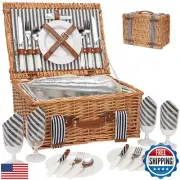 Picnic Basket for 4 Persons,Handmade Wicker Picnic Baskets Set with Insulated