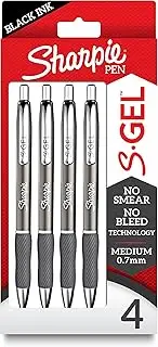 Sharpie S-Gel, Gel Pens, Sleek Metal Barrel, Gunmetal, Medium Point (0.7mm), Black Ink, 4 Count