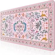 iCasso Desk Matt for Desktop, Large Mouse Pad for Desk, XXL Desk Mat, Cute Desk Pad Mat, Anti-Slip Big Mousepad with Stitched Edges, Keyboard Pad for Computer(Pink-Peafowl)